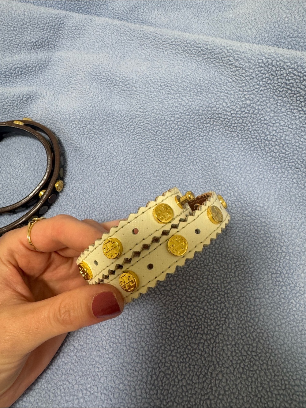 Tory Burch White Leather Double-Wrap Bracelet with Gold Logo Studs